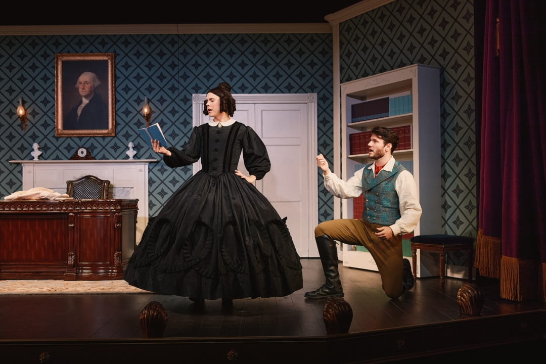 Cole Escola as Mary Todd Lincoln And James Scully on stage In OH, MARY! On Broadway Photo By Emilio Madrid 9037 