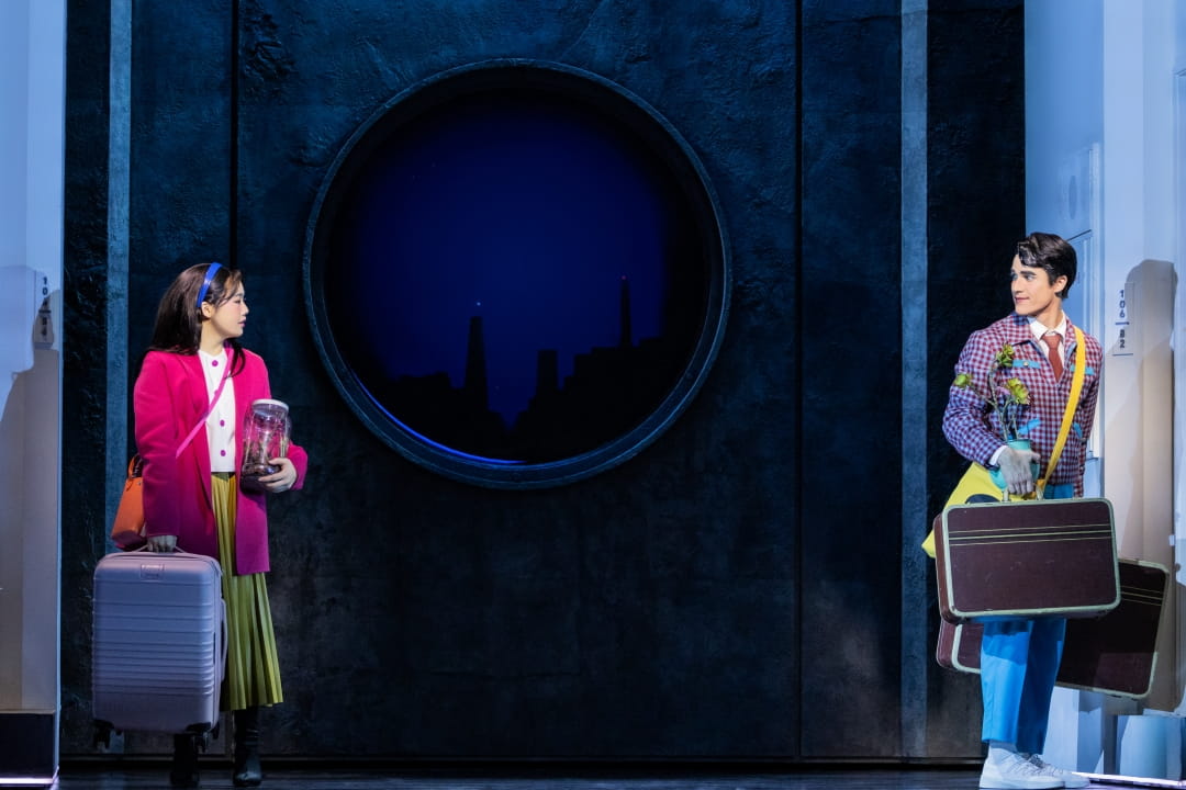 Helen J Shen looks at Darren Criss as they depart in opposite directions In The Original Broadway Production Of MAYBE HAPPY ENDING. Photo By Matthew Murphy & Evan Zimmerman