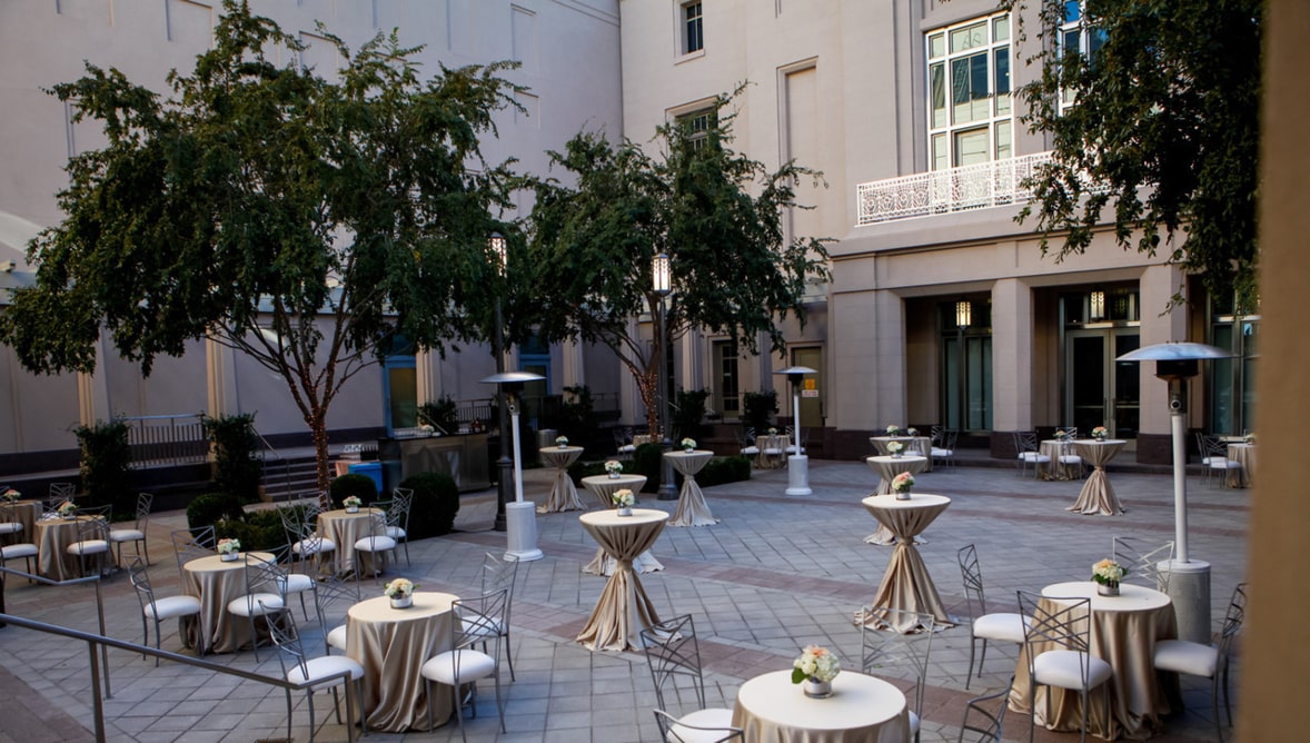 A photo of a catered event in the Courtyard