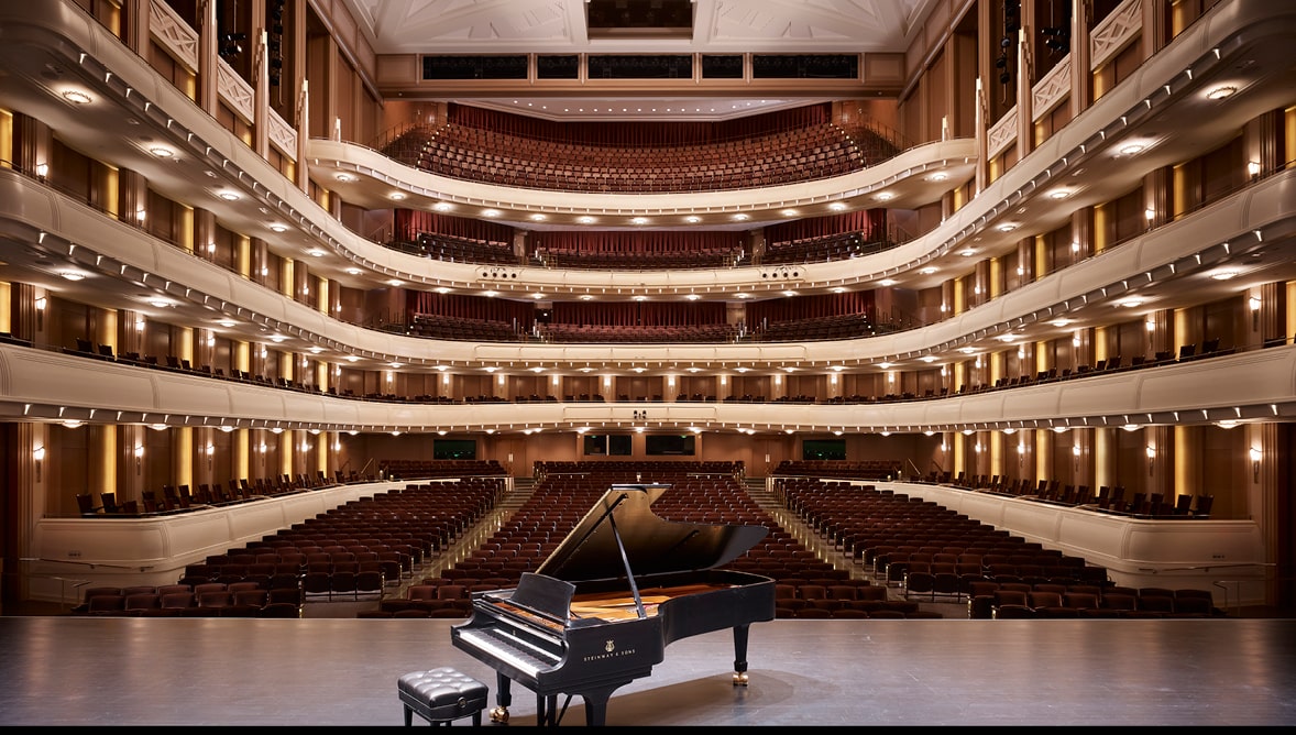 Reynolds Hall from stage with piano