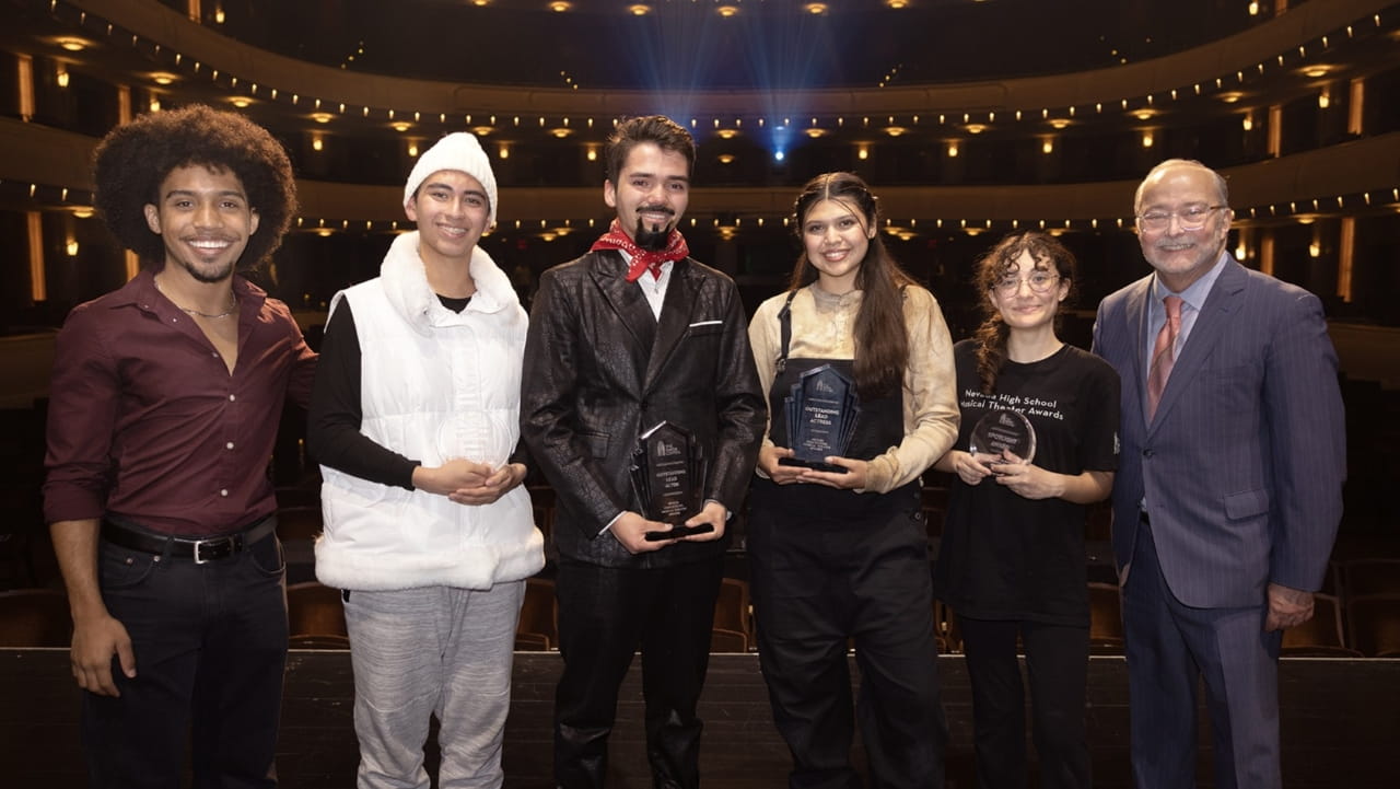 (From left) 2025 Jimmy Awards winner Chis Hayes, Spotlight Award winner Gavin Rodriguez, Outstanding Lead Actor Micah Giron, Outstanding Lead Actress Emily Leonard, Spotlight Award winner Eliana Abramson and Smith Center President and CEO Myron Martin