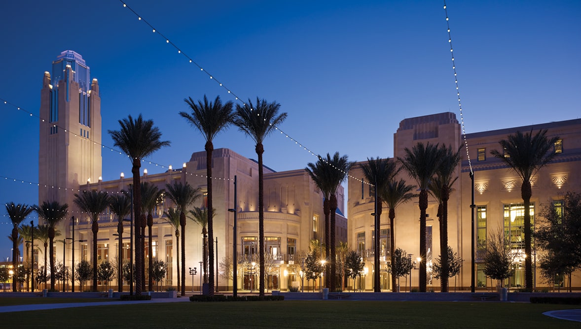 Exterior photo of The Smith Center in the evening