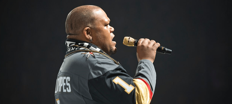 Smith Center usher Carnell Johnson singing the national anthem before a Vegas Golden Knights game