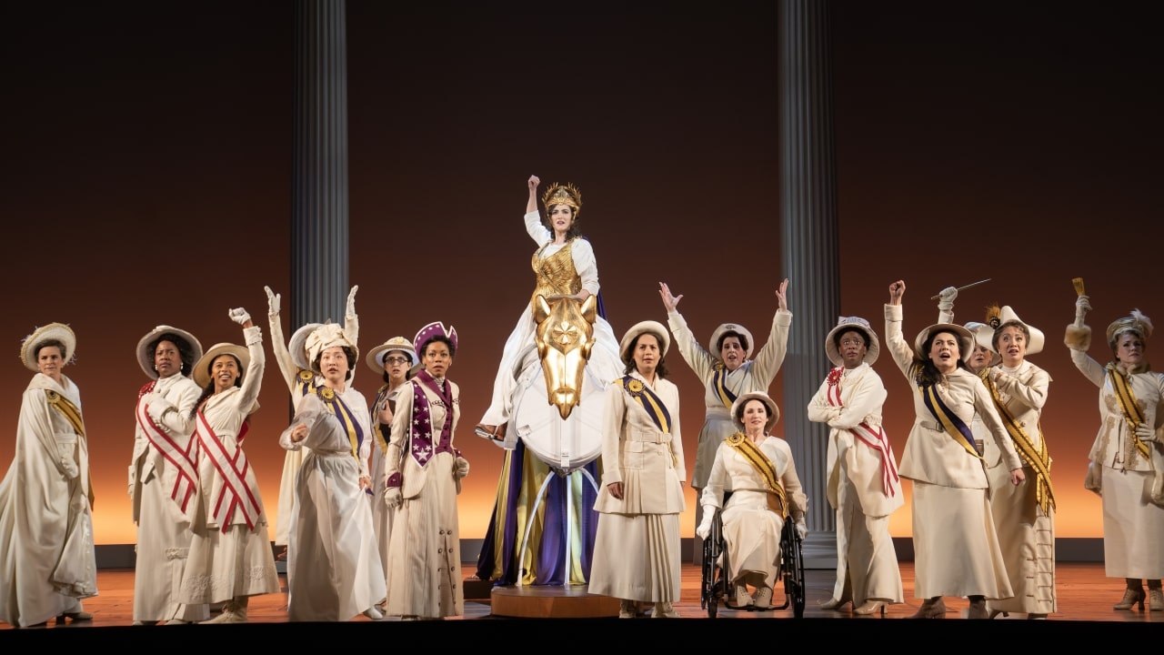 Hannah Cruz as Inez Milholland and the Suffs Broadway Company