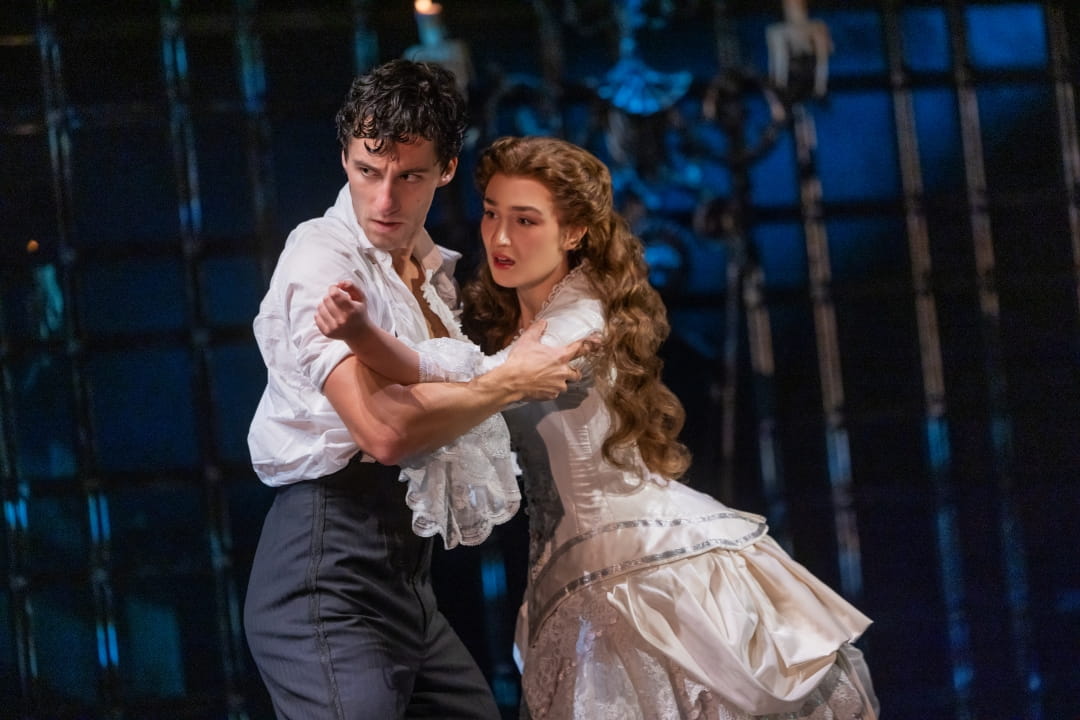 Daniel Lopez as Raoul, Vicomte de Chagny and Jordan Lee Gilbert as Christine Daaé in The Phantom of the Opera North American Tour Photo by Matthew Murphy and Evan Zimmerman
